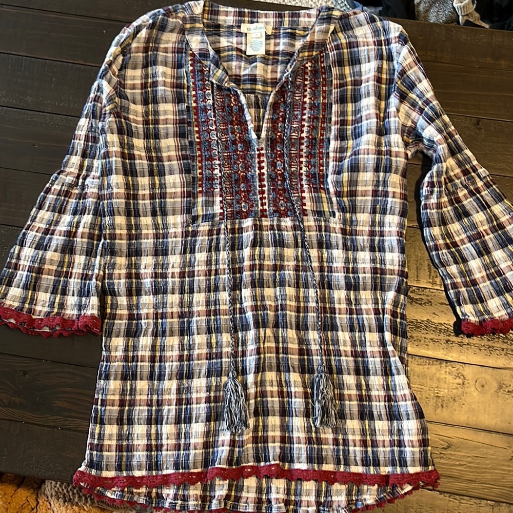 Sundance Plaid Embroidered Peasant Top